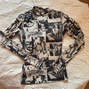 Reformation Graphic Mesh Long Sleeve Top XS Black Cream Print